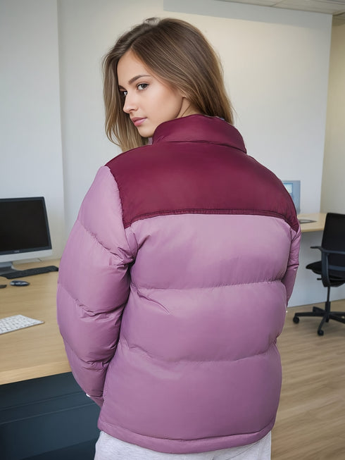 DAMEN KUNSTLEDER WINTERJACKE | ÜBERGROßE FARBBLOCK-JACKE MIT REISSVERSCHLUSS