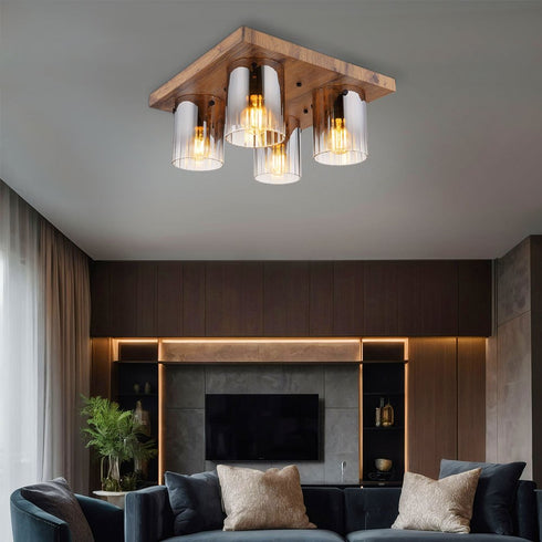 Liv LED Deckenleuchte im Holz-Look mit geräuchertem Glas | 4-Arm-Design