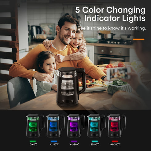 1,7L Glas Wasserkocher | 2200W, 5 Temperaturstufen Warmhaltefunktion Schnellkochend