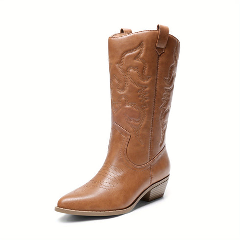 FRAUEN MID-CALF COWBOY-STIEFEL – WESTERN-STYLE MIT GEPRÄGTEM MUSTER FLATTERM ABSATZ UND SPITZEM ZEHENBEREICH