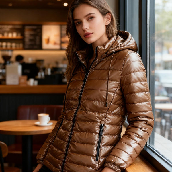 Damenjacke Glanz – kurze Kapuzenjacke in Braun