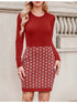 Bedrucktes Rippstrick Bodycon Mini WinterKleid Damen | Langarm & Crew Neck