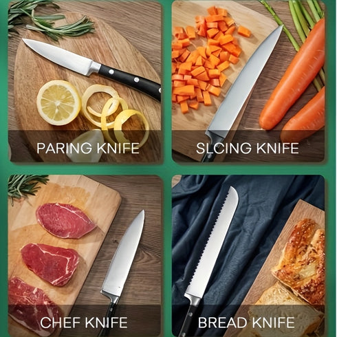 6-teiliges Küchenmesser-Set | Hochkohlenstoff Deutscher Edelstahl in Schwarz & Akazienholzgriff