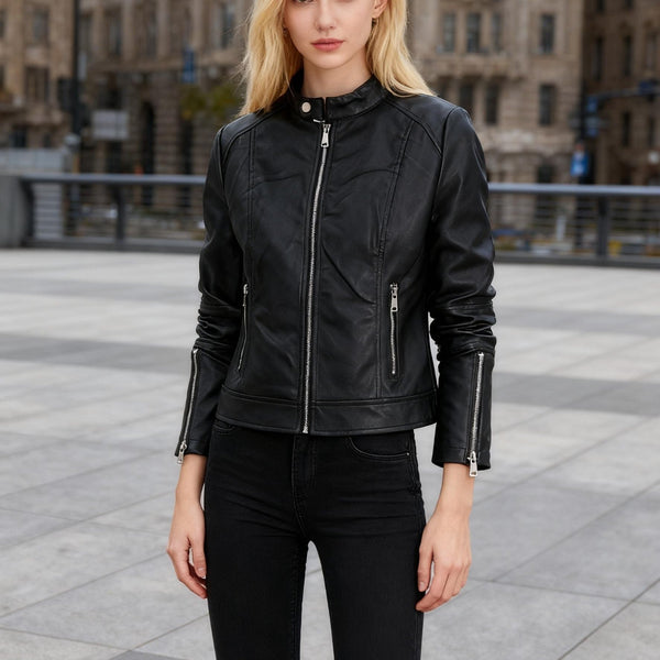 Retro Damen-Bikerjacke | kurze PU-Lederjacke mit Stehkragen & Reißverschlüssen