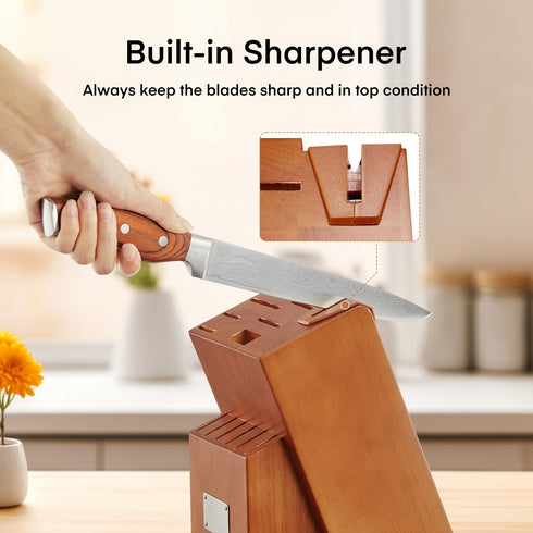 14-teiliges Küchenmesser-Set | Hochkohlenstoff-Edelstahl mit Holzblock & Selbstschärfer