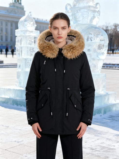 Damen Daunenjacke mit Kapuze – Winddichte mit Fleece-Innenfutter und Reißverschluss