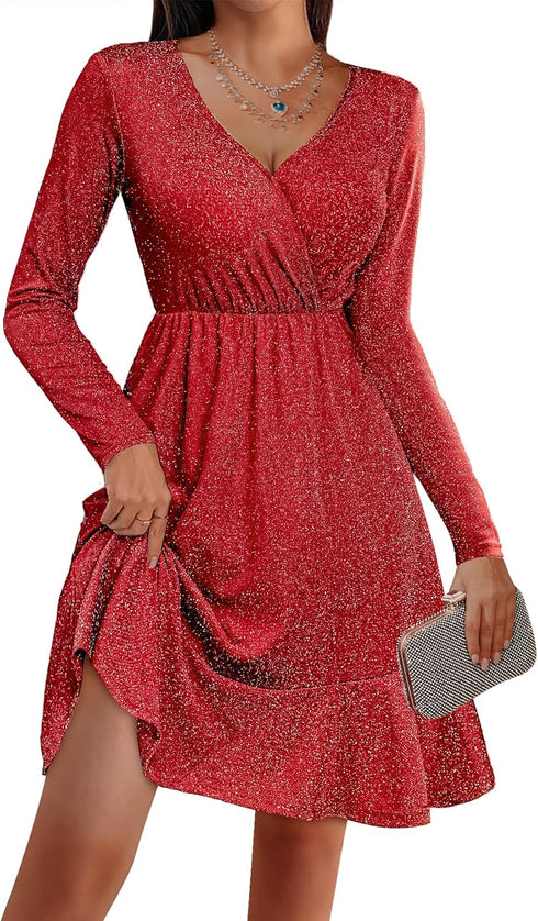 Miseki Glitzerndes Weihnachtskleid Damen - Elegantes Festkleid mit Pailletten, Langarm und V-Ausschnitt, perfekt für Winterpartys und Cocktails.