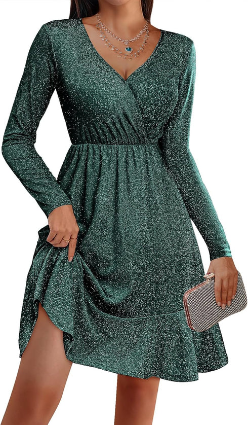 Miseki Glitzerndes Weihnachtskleid Damen - Elegantes Festkleid mit Pailletten, Langarm und V-Ausschnitt, perfekt für Winterpartys und Cocktails.