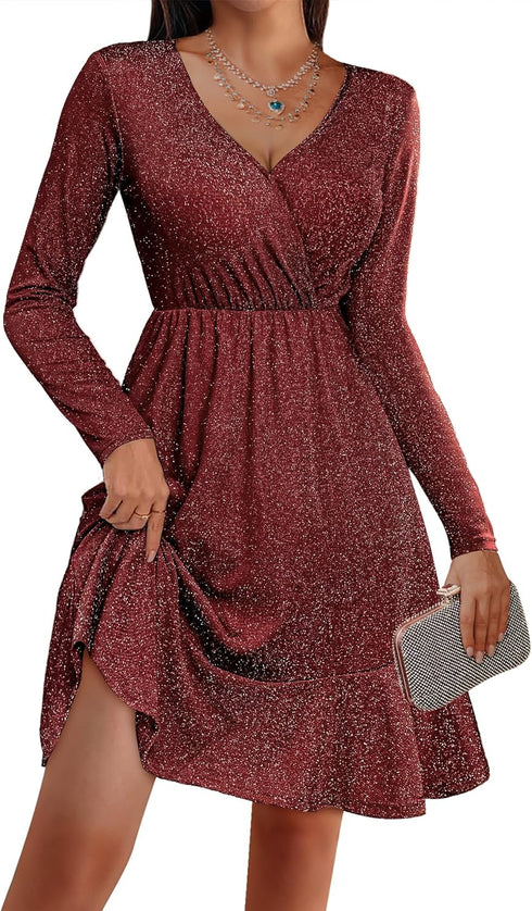 Miseki Glitzerndes Weihnachtskleid Damen - Elegantes Festkleid mit Pailletten, Langarm und V-Ausschnitt, perfekt für Winterpartys und Cocktails.