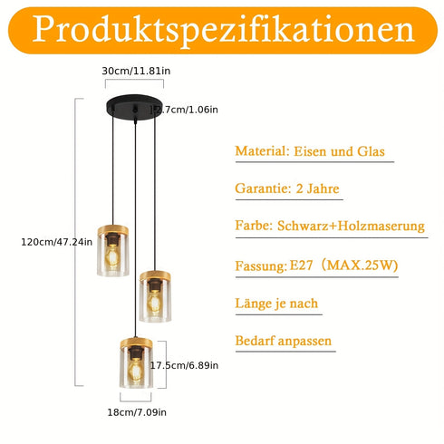 Elin Retro Pendelleuchte Hängelampe Glaskugel 3-Brenner