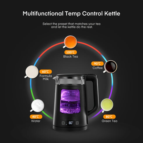 1,7L Glas Wasserkocher | 2200W, 5 Temperaturstufen Warmhaltefunktion Schnellkochend