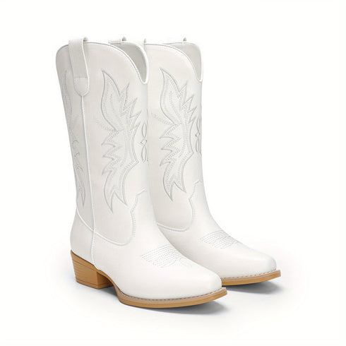 DAMEN WESTERN STIEFEL MIT BLOCKABSATZ – SLIP-ON MID-CALF BOOTS MODISCHE DAMENSTIEFEL