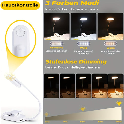 LED Clip-On Lampe | flexibler Schwanenhals mit 3 Lichtfarben