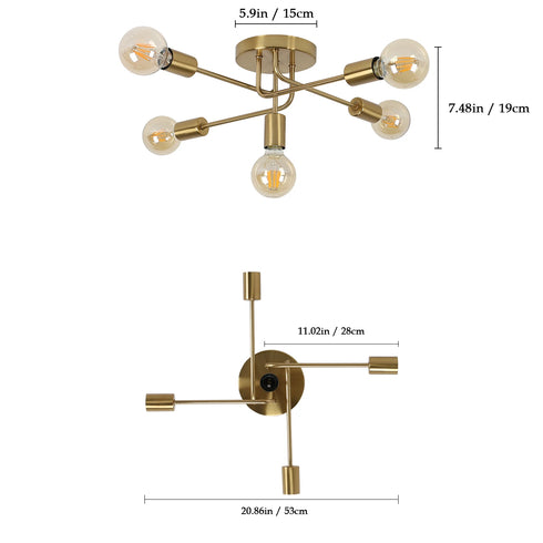 Delphine Retro Industrielle Deckenleuchte Gold 5 Lichter | Shiraki