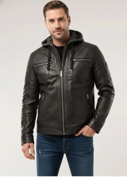 Arcturon Herren Lederjacke mit Kapuze – Lammleder Rockig