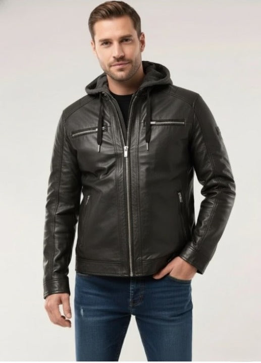 Arcturon Herren Lederjacke mit Kapuze – Lammleder Rockig