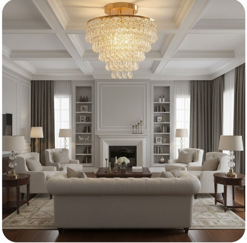 Elodie Kristall Kronleuchter Deckenleuchte Bündig Montiert Gold E27 | Shiraki