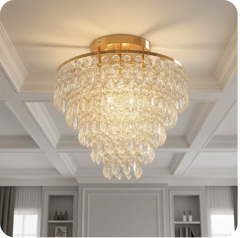 Elodie Kristall Kronleuchter Deckenleuchte Bündig Montiert Gold E27 | Shiraki