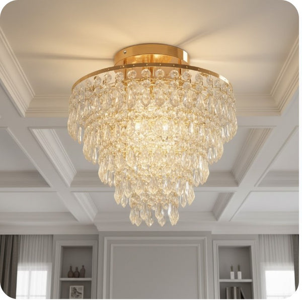 Elodie Kristall Kronleuchter Deckenleuchte Bündig Montiert Gold E27 | Shiraki