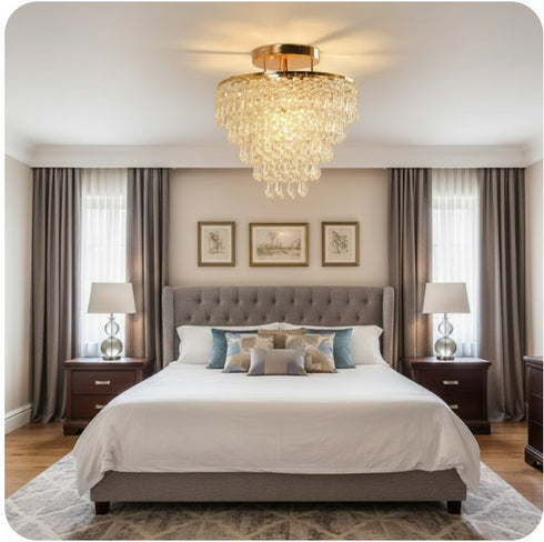 Elodie Kristall Kronleuchter Deckenleuchte Bündig Montiert Gold E27 | Shiraki