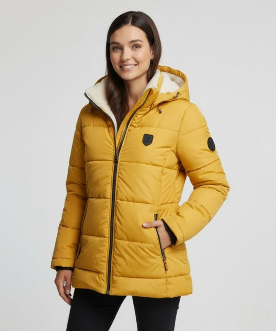 Aya Damen Winterjacke mit Teddyfell & abnehmbarem Kunstfellkragen
