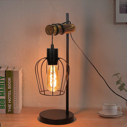 EmberLoft – Retro Industrietischlampe mit Holz & Metall