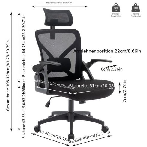 Ergonomischer Büro-Drehstuhl mit Kopfstütze und Lendenwirbelstütze