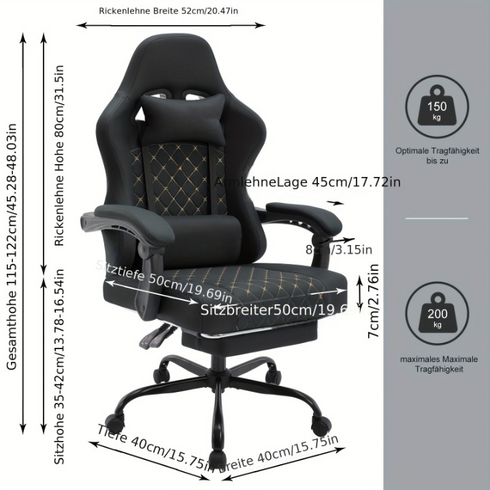 Verstellbarer schwenkbarer Gaming-Stuhl mit Lendenwirbelstütze und Fußstütze