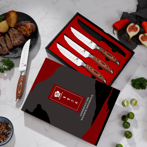 Küchenmesser Set 4-teilig 5″ Edelstahl | Kompakte Allzweckmesser mit Holzgriff