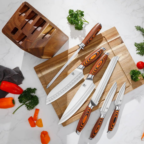 Edelstahl Küchenmesser Set 7-teilig | Profi Messerset mit Holzgriff im Block
