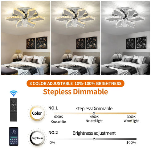 DC ABS 60W 7-Blatt-LED-Deckenventilatoren mit Kristallfernbedienung und Deckenleuchte