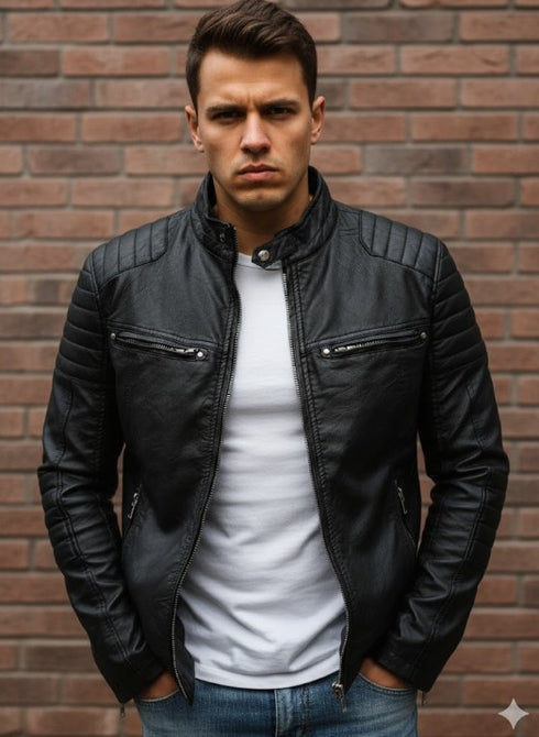 Falcaron Herren Lederjacke mit Stehkragen und Reißverschluss