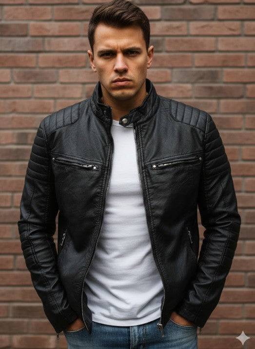 Falcaron Herren Lederjacke mit Stehkragen und Reißverschluss