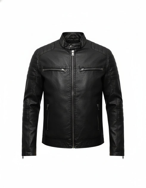 Falcaron Herren Lederjacke mit Stehkragen und Reißverschluss