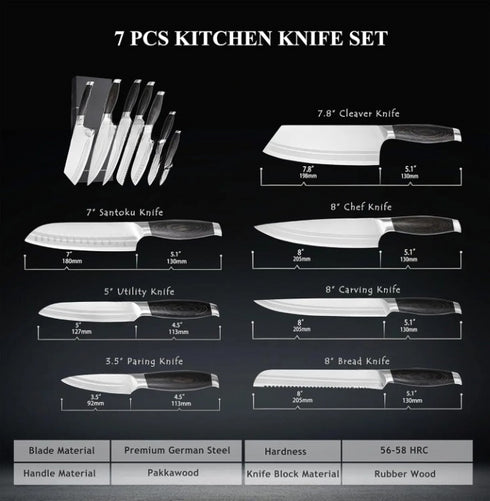 Küchenmesser Set 7-teilig Edelstahl – Profi Chef Messerset mit Holzgriff