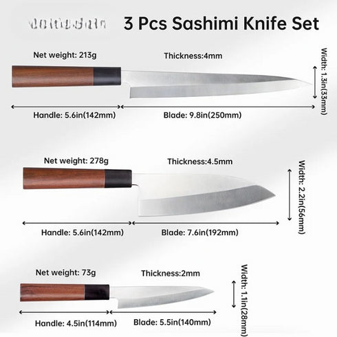 Japanisches Kochmesser Set 3-teilig | Sashimi & Filiermesser aus Edelstahl