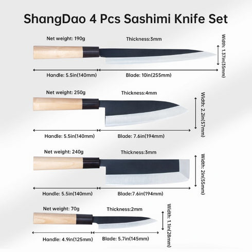 Japanisches Messer Set 4-teilig | Profi-Küchenmesser aus Edelstahl mit Holzgriff