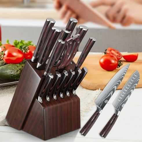 Hattori 15‑teiliges Küchenmesser‑Set | Pakkawood‑Griffe & Messerblock | Shiraki
