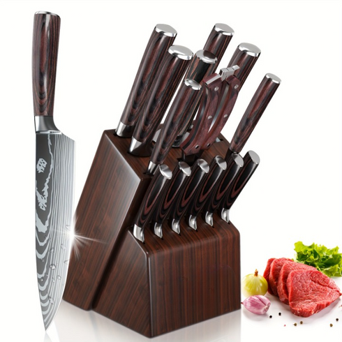 Hattori 15‑teiliges Küchenmesser‑Set | Pakkawood‑Griffe & Messerblock | Shiraki