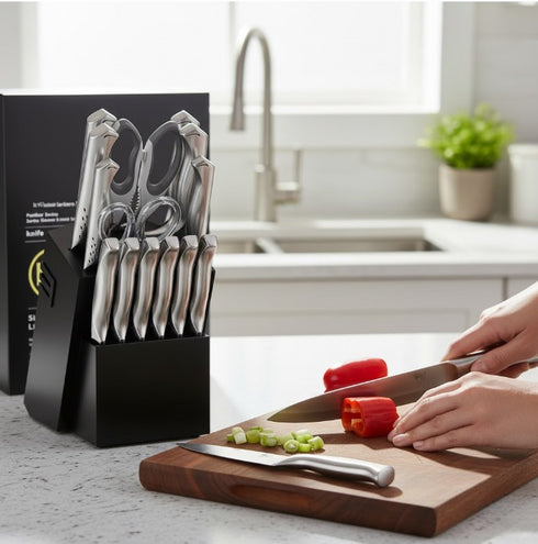 Kiritsuke 14-teiliges Messerset mit Block & Schärfer | Shiraki