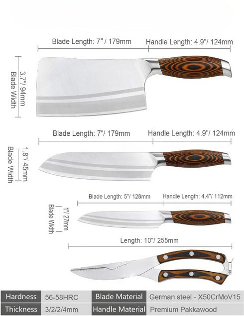 Küchenmesser Set 4-teilig aus Edelstahl | Professionelles Messerset mit Holzgriff
