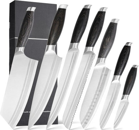 Küchenmesser Set 7-teilig Edelstahl – Profi Chef Messerset mit Holzgriff