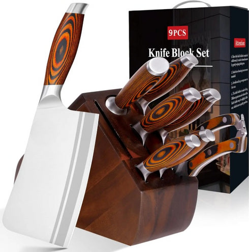 Küchenmesser Set 9-teilig Edelstahl | Premium Messerset mit Holzgriffen