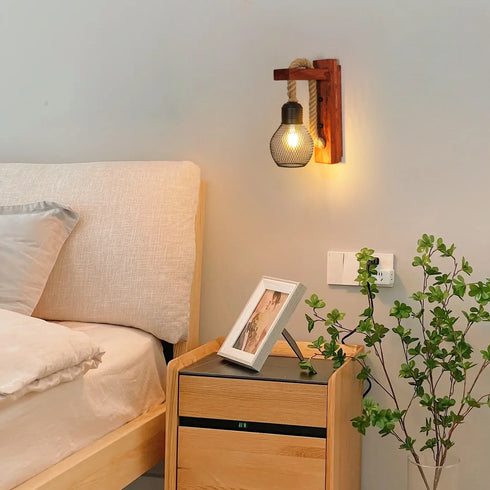 Annelie Holz Wandleuchte Vintage E27 Hanfseil | Shiraki