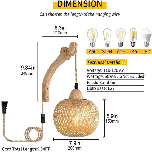 Freya Vintage Wandleuchte Rattan & Holz E27 | Shiraki