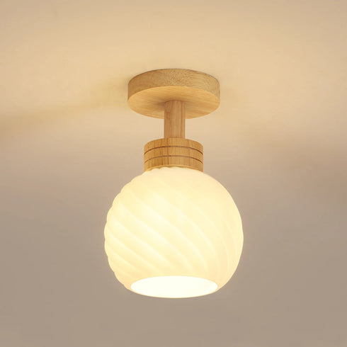 Loke Runde LED Deckenleuchte E27 Holz-Glas | Shiraki