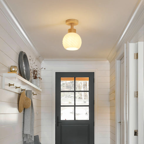Loke Runde LED Deckenleuchte E27 Holz-Glas | Shiraki