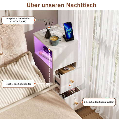 Iori Nachttisch mit Licht 2AC 2USB Ladestation Bluetooth-Lichtstreifen | Shiraki