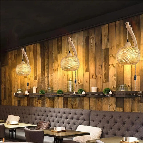 Freya Vintage Wandleuchte Rattan & Holz E27 | Shiraki