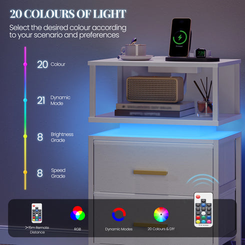Haruka Nachttisch mit RGB-Leuchten und Ladestation und 2 Schubladen | Shiraki